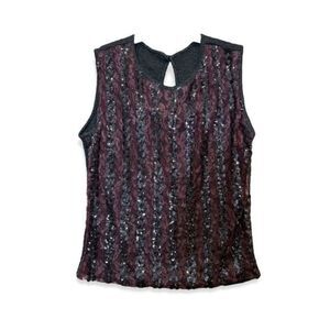 Vintage Top Sequins 70s Sleeveless Lace Black Purple plum XS Union made